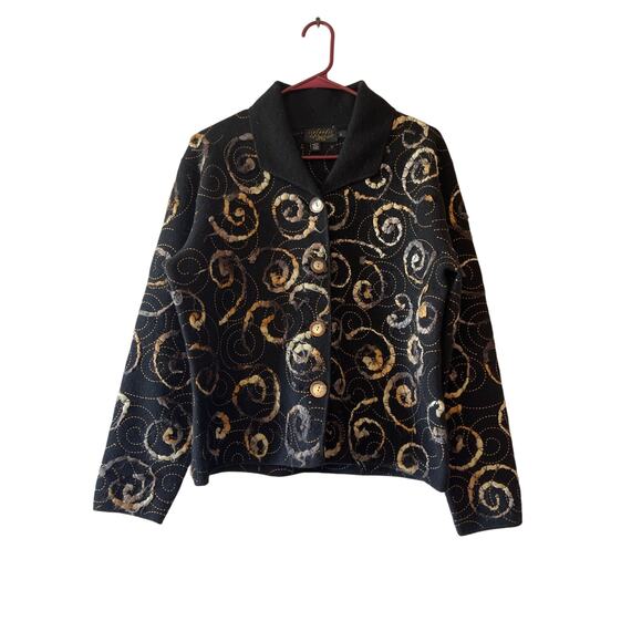 IceIandic Designs Swirls Boiled Wool Button Front Black Gold Jacket Large Women - Picture 1 of 6